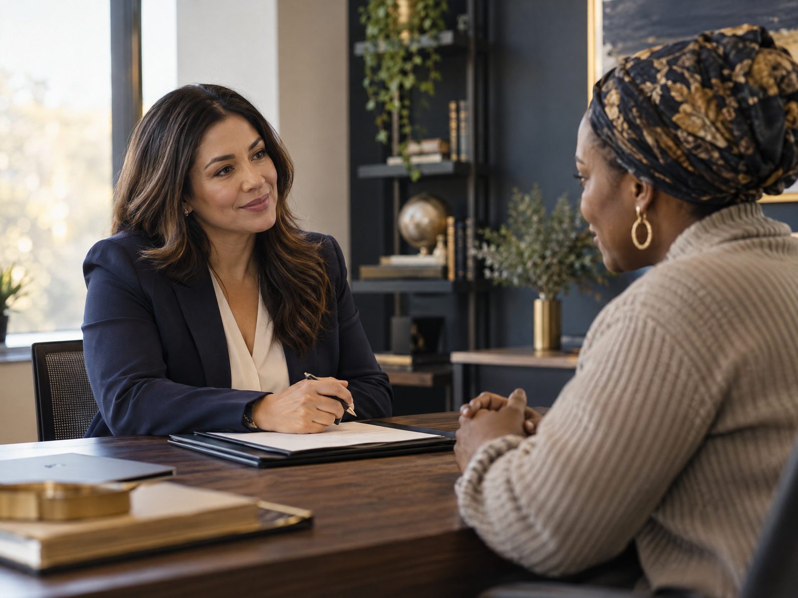 Cliente conversando con una profesional legal durante una consulta
